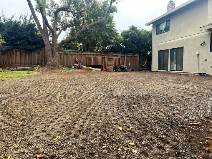 Finished backyard graded to dirt beside the house